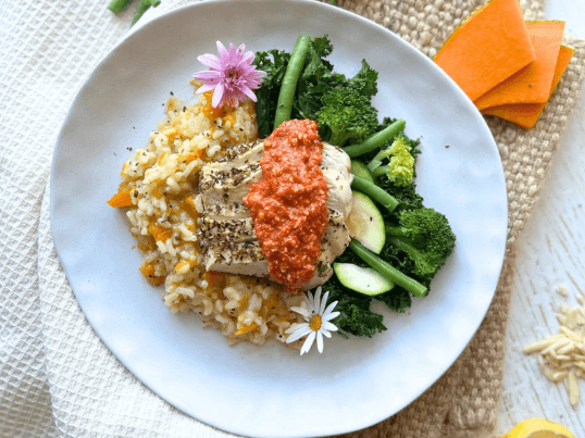 Roast Chicken, Pumpkin Risotto, Romesco Sauce